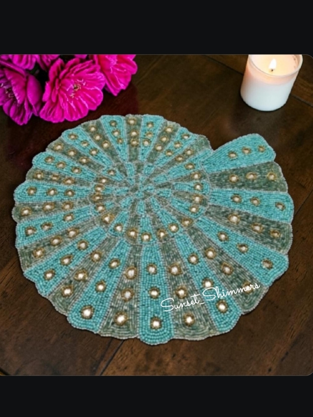 4pc Set Jeweled Coastal Beaded Placemats Chargers Nautilus Shell Gorgeous New